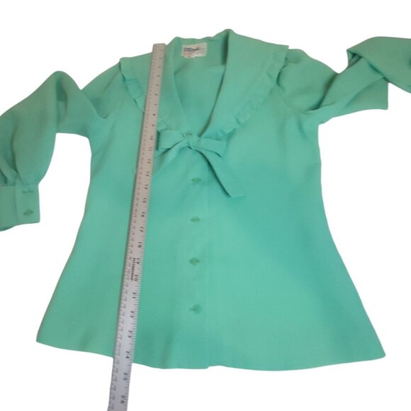 Deha Of Sweden Vtg 70s Green Ruffle Collar Blouse SZ 38 Bow Tie Button Front - Picture 16 of 16